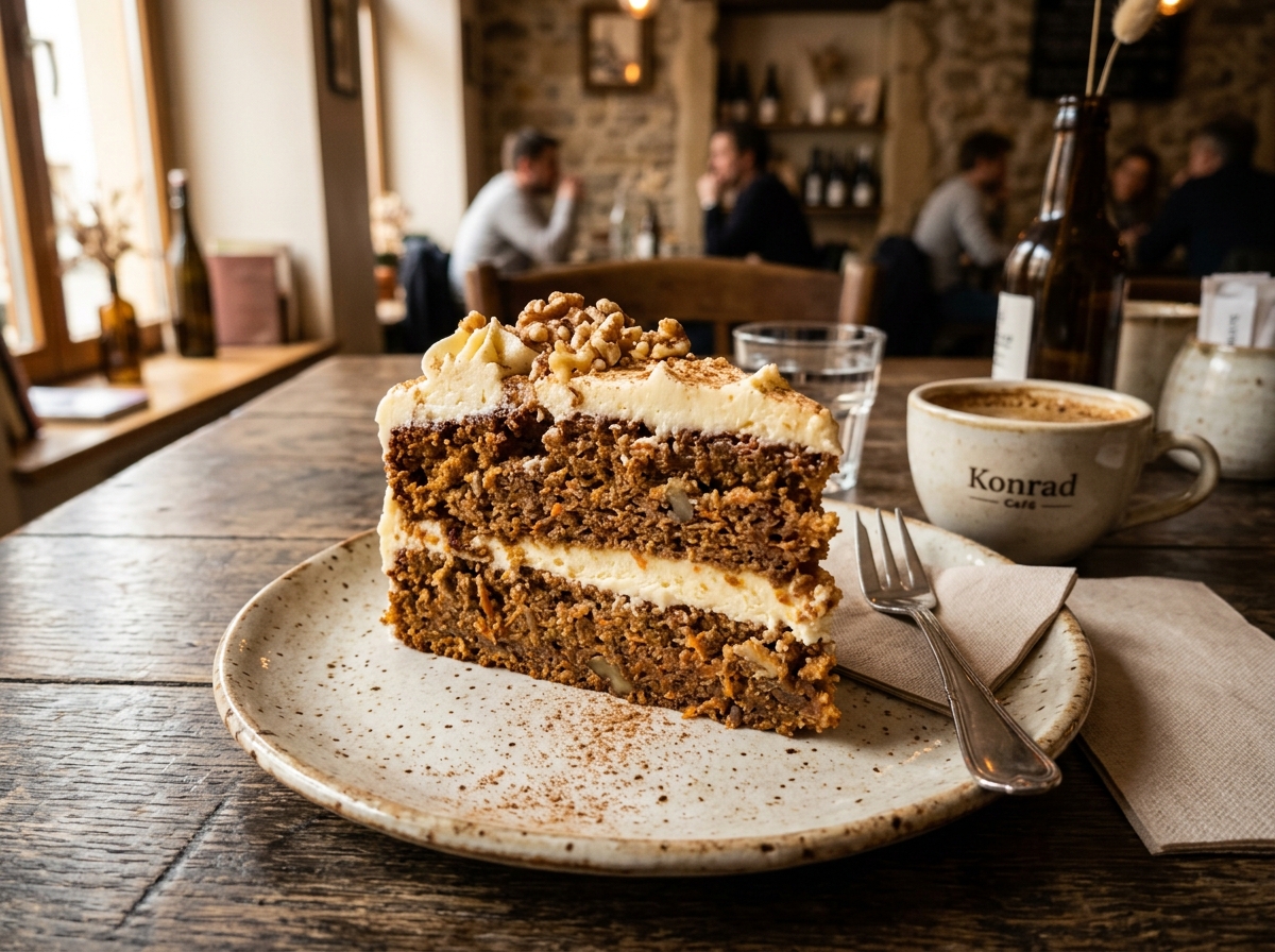 Freshly baked slice of Konrad signature Swedish carrot cake with thick cream cheese icing